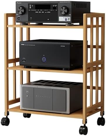 USZWBY HiFi Racksbamboo Media Cabinet with Adjustable Shelf and Wheels for DVD Players Cable Boxes and Game Consoles Mobile Stereo Rack Stand for Audio Equip(Natural-20X15X35In)
