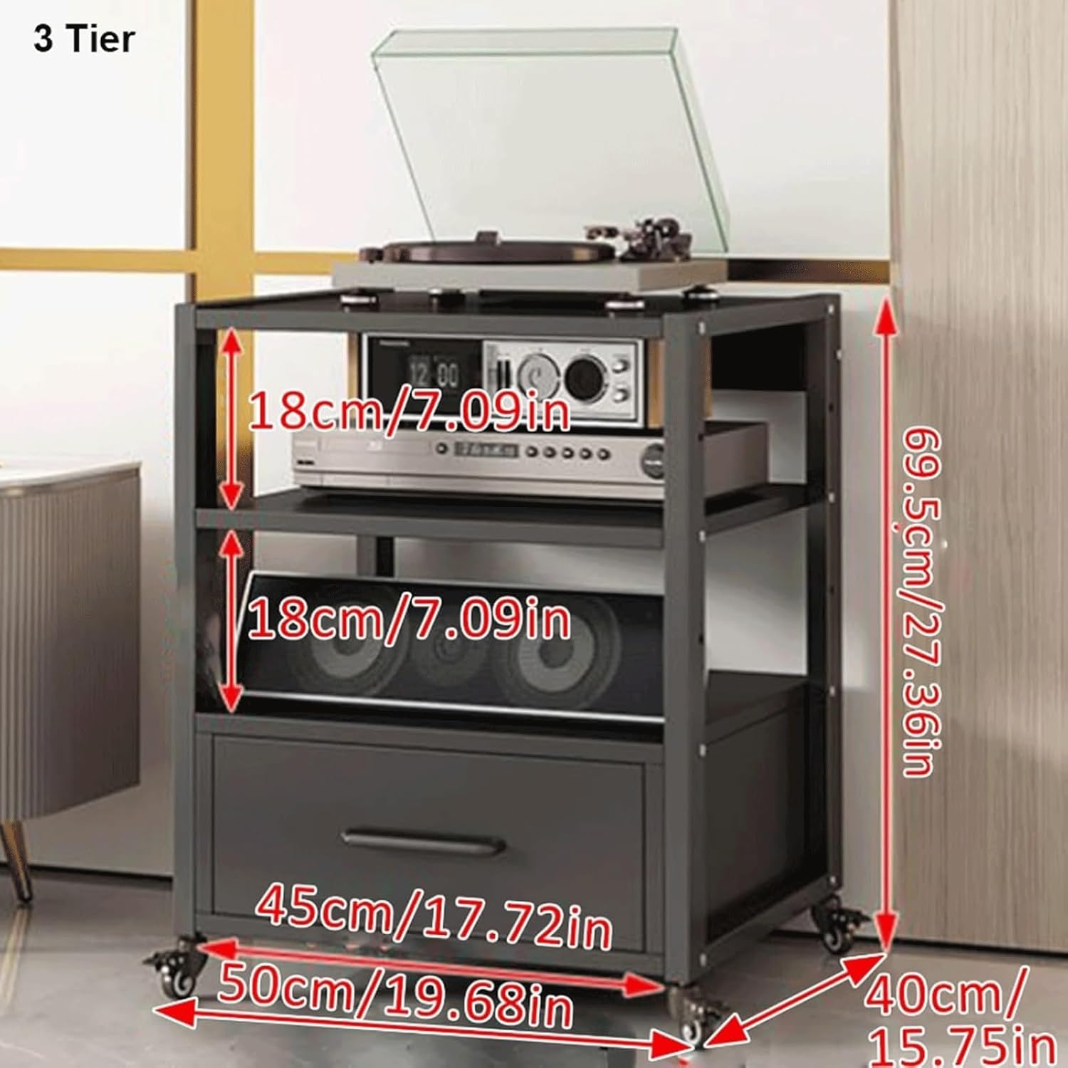 PZEOB Audio-Video Shelving Media Stand with Drawer Audio Rack Stereo Cabinet Adjustable Media Storage Shelves with Wheels Stereo Stands(Rojo