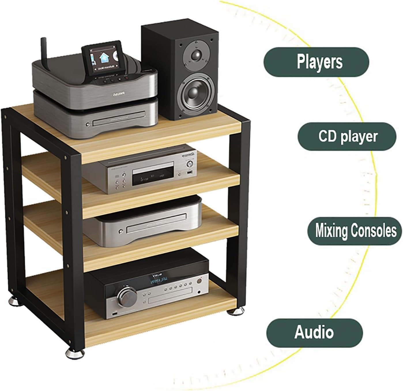 XingLi 4 Tier AV Media Stand Audio/Video Component Cabinet Stereo Rack Audio Tower Wooden Shelf Home Office Multi-Function Open Storage Shelf for Gaming