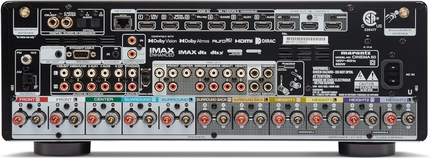 Marantz Cinema 50 9.4 Channel (110 Watt X 9) 8K Home Theater AV Receiver with HEOS (Silver/Gold)