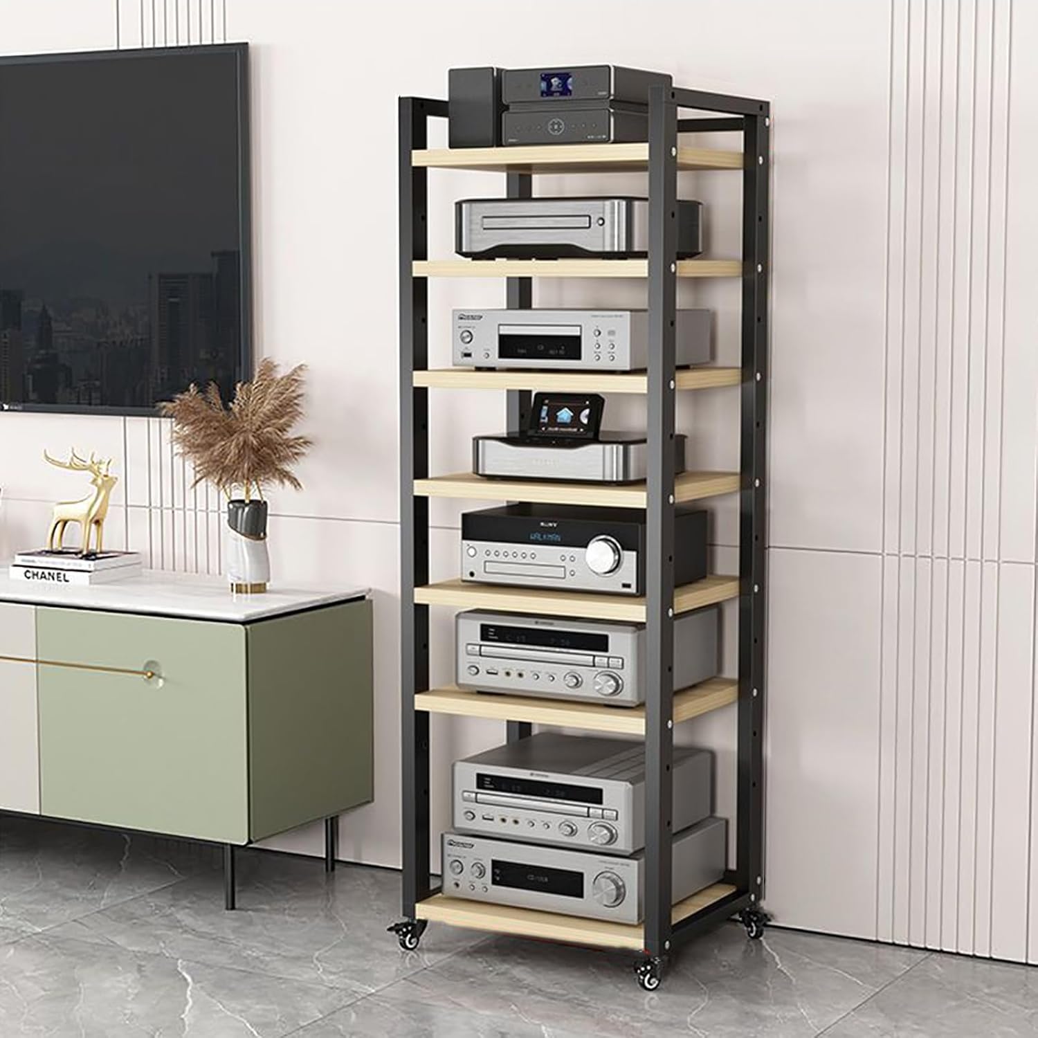 FZYUAN AV Media Stand Media Rack 5/6/7/8 Tier Stereo Cabinet Audio Rack with Wheels