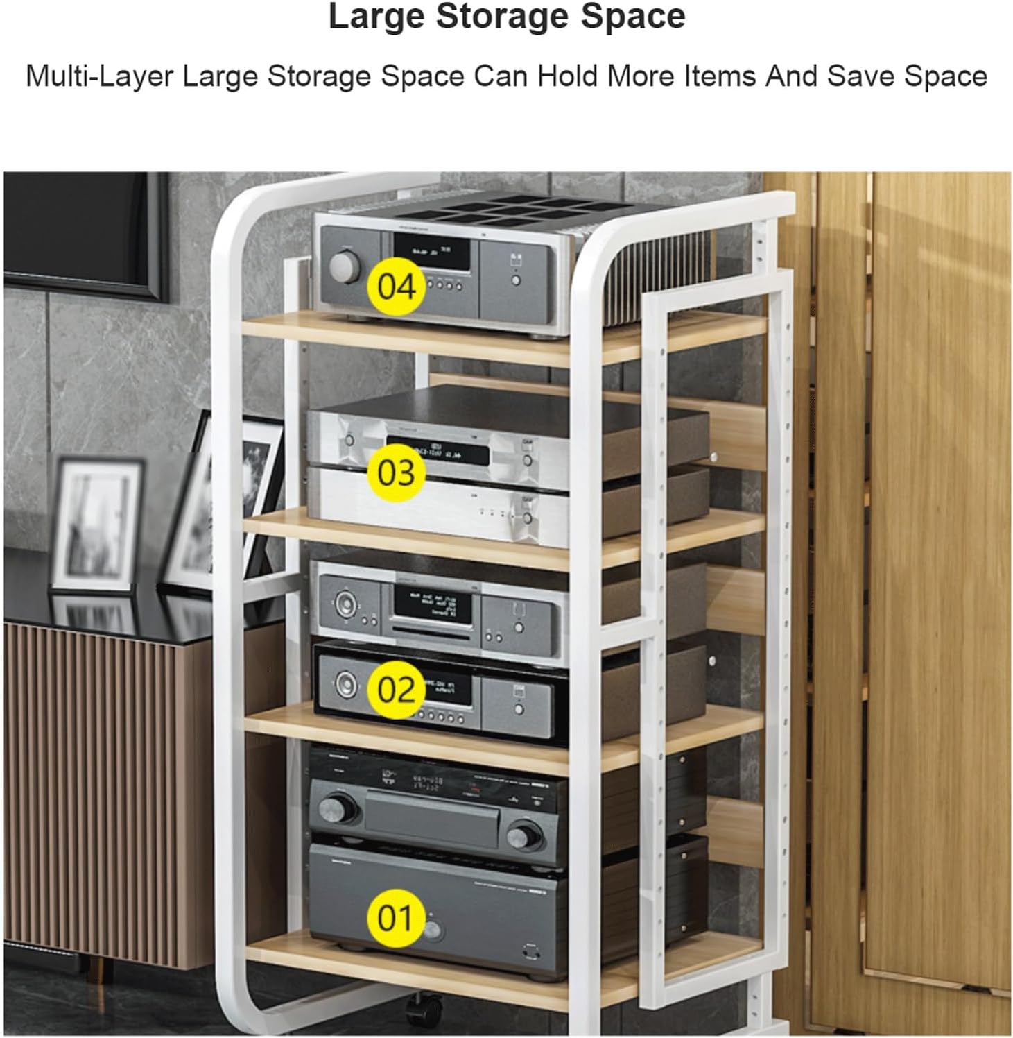 XMFBSY Medios Adjustable Audio-Video Shelving HiFi Stand Modern AV Media Stand with Wheels Metal Rack Audio Tower Holder Mobile Game Console Stand for Home Organizer(White