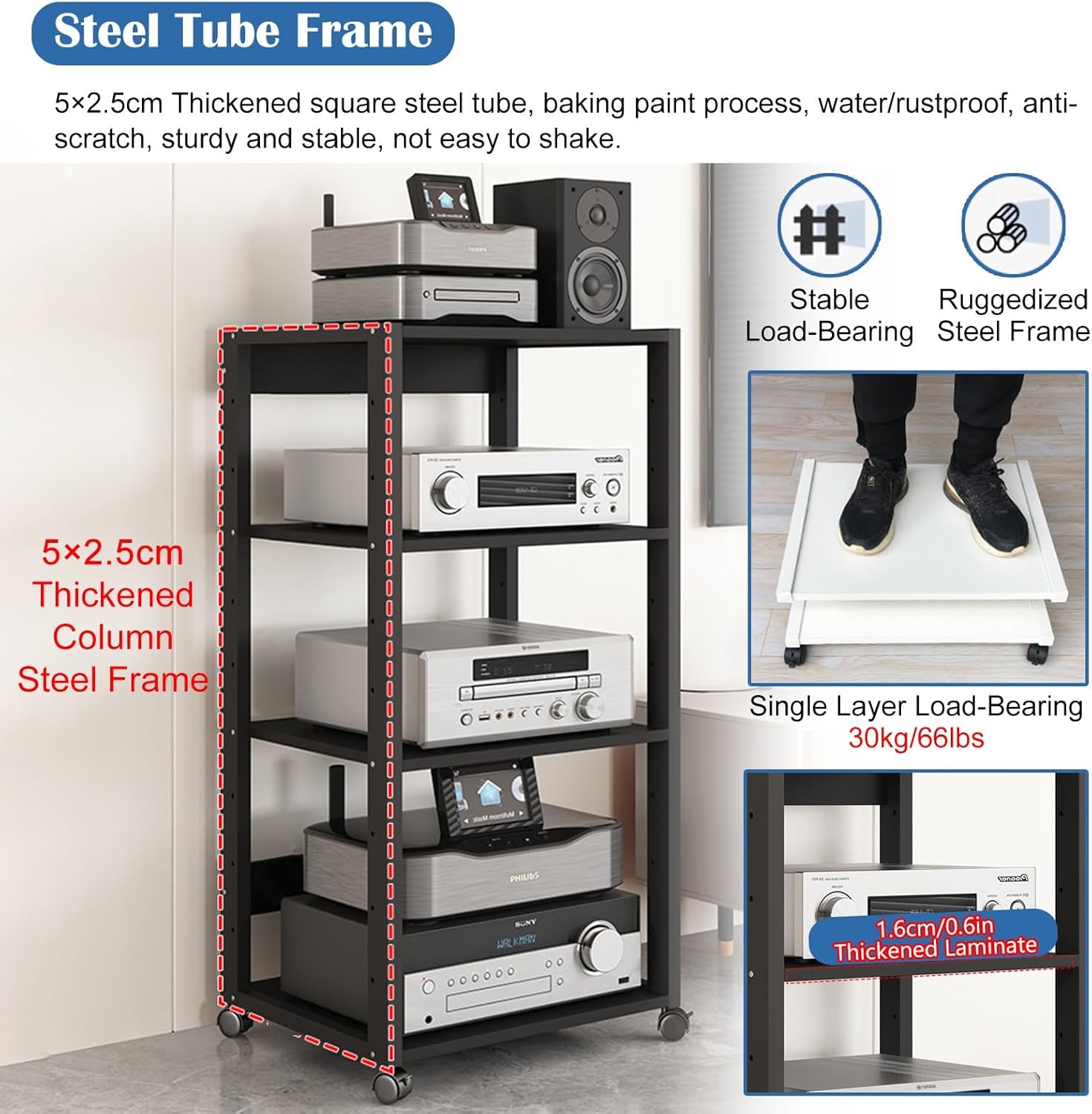 RENLXFI Audio Rack Av Tower Media Stand 5 6 7 Tier Electronics Equipment Shelf