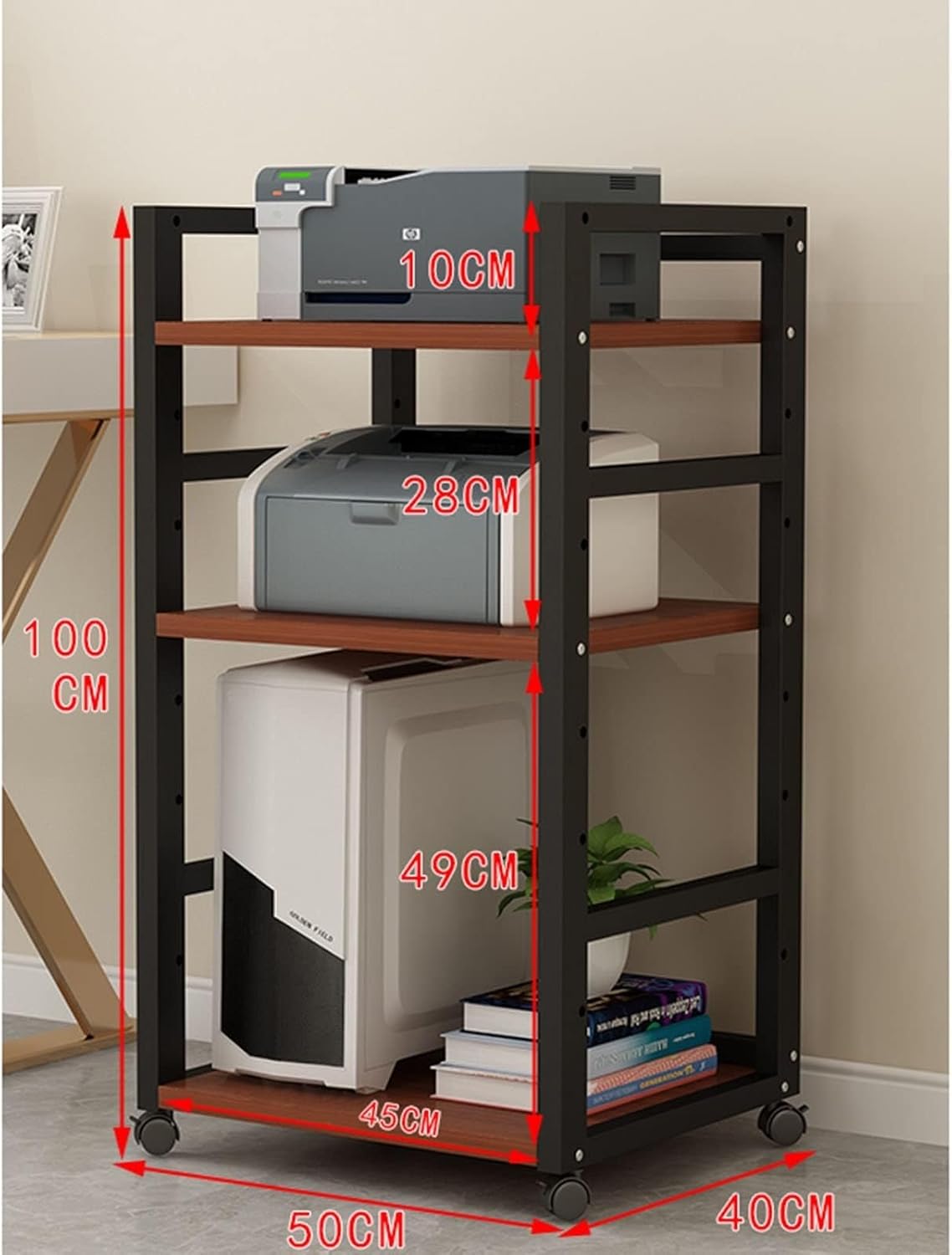 YLQFGUVWK 3 Tier Printer Stand AV Media Cabinet Stand Assembly Cabinet Storage Rack Home Storage Book Shelf Floor Stand Open Storage Cart with Wheels (Color : Black
