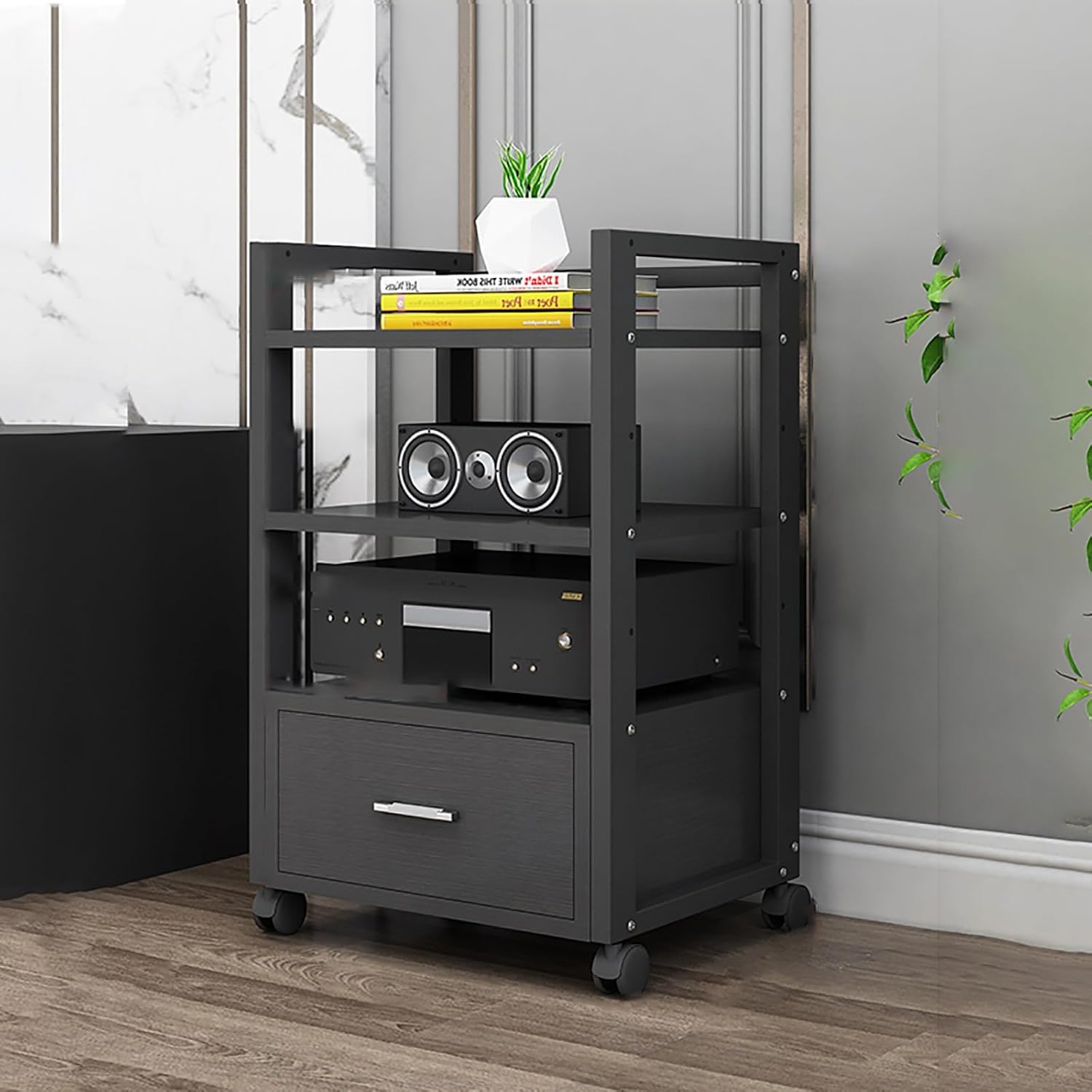 Media Stand with Drawers AV Media Stand Corner Shelf with Universal Wheels 3/4/5 Tier Floor-Standing Audio Rack Stereo Audio Rack Stand Tower for Meeting Livingroom Recording Room.(Black