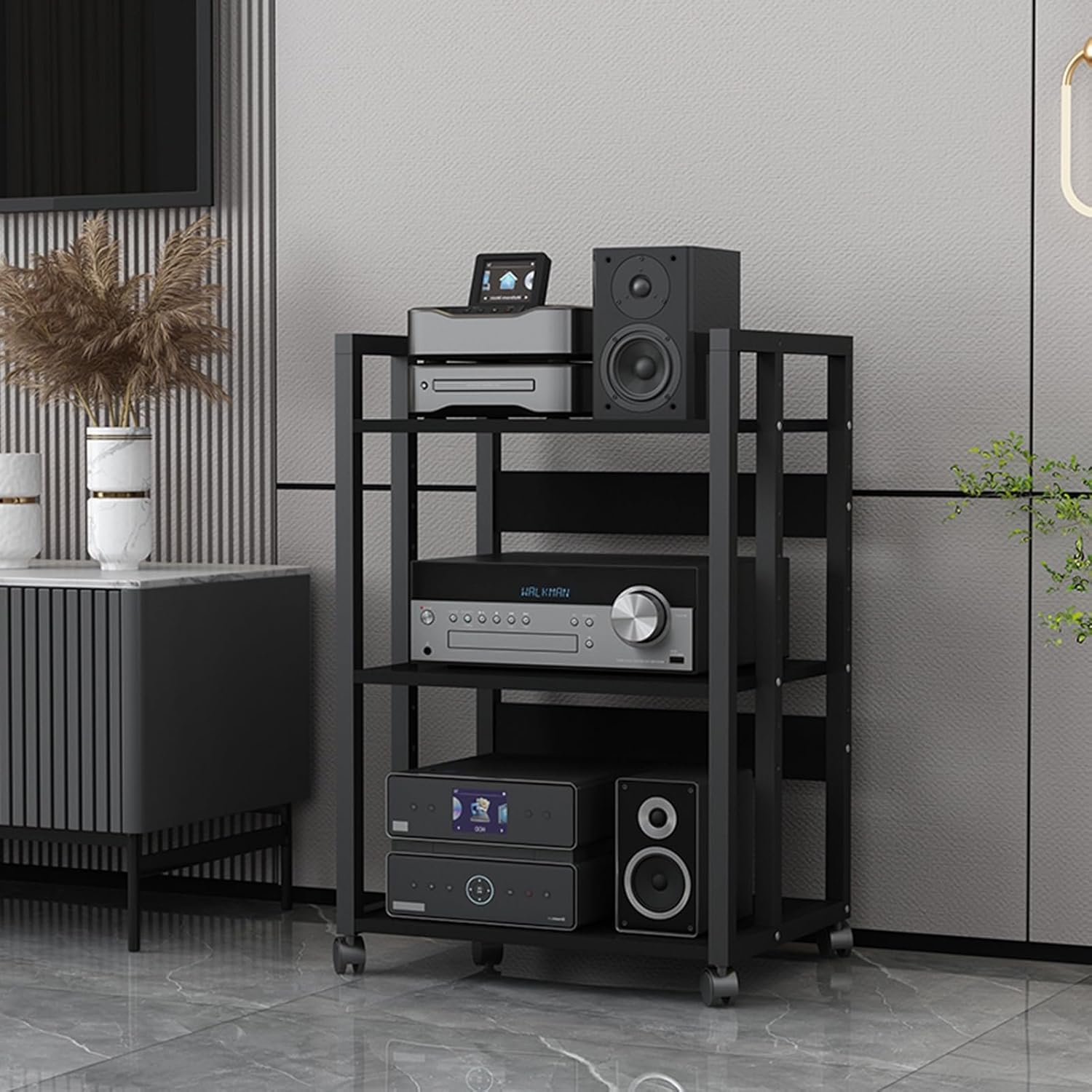 Modern Audio-Video Media Stand with Height Adjustable Wooden Shelves