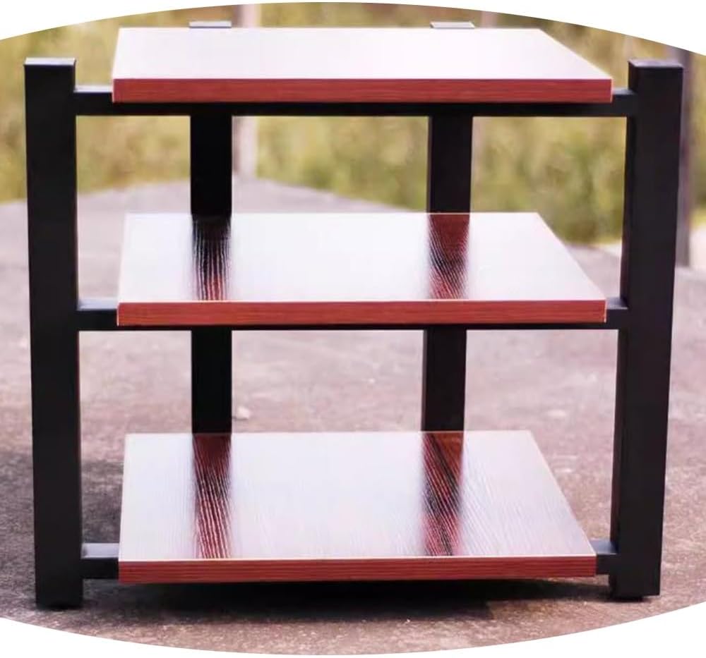 BIUBPW 3 Tier Media Stand Wooden Corner Shelf AV Component Cabinet Metal Frame Stereo Audio Rack CD/DVD Player Stand for Theater Recording Room(Teak)
