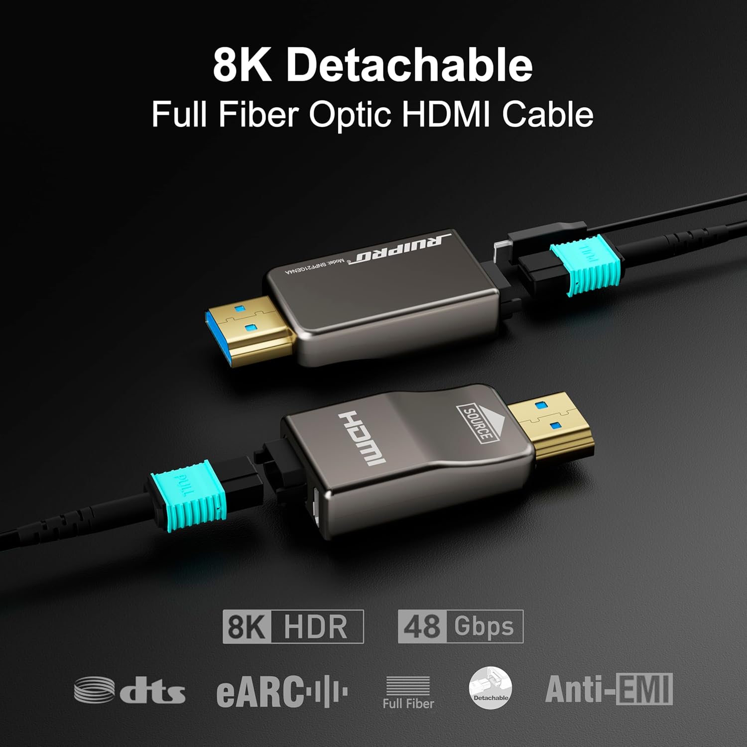 RUIPRO 8K Detachable Full Fiber Optic Armored HDMI 2.1 Cable 165FT