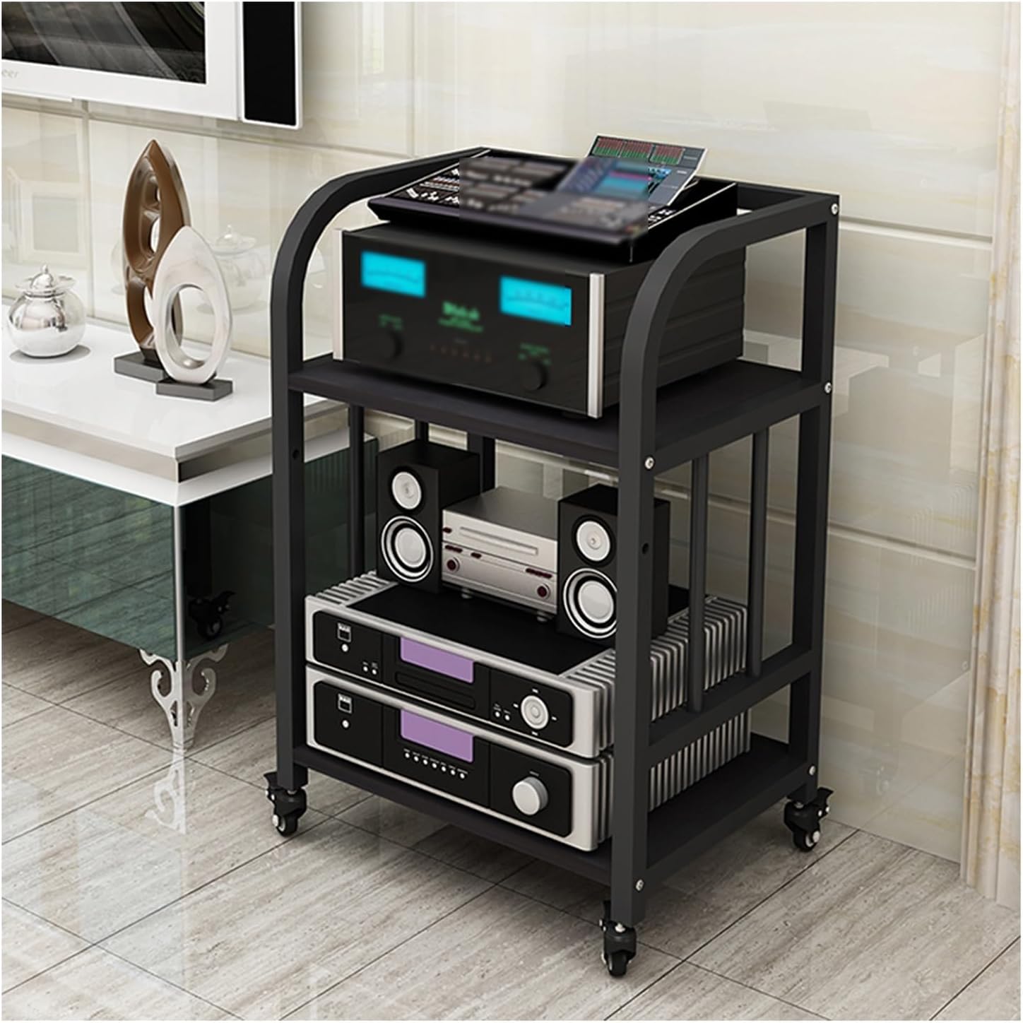 YLQFGUVWK 3-Layer Removable Audio Stand Media Player Stand/Floor Standing/Shelf Cabinet with Height Adjustable Wooden Shelf for Home/Office/Audio Video/DJ/Theater(Black)