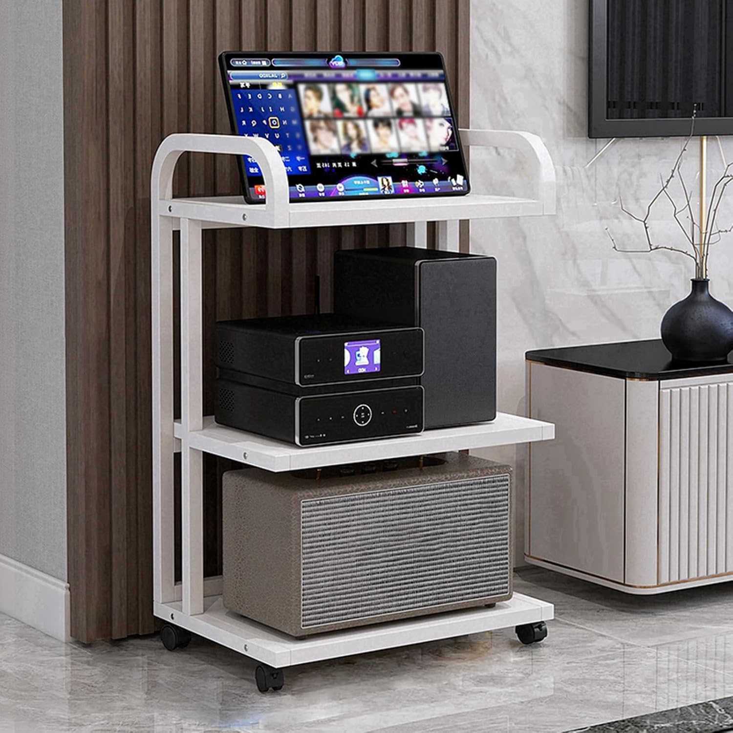 Media Stand Modern with Wheels Audio-Video Media Stand Floor-Standing Audio Rack with Storage Shelves Stereo Audio Rack Stand Tower Easy to Assemble for Living Gaming Recording Room.(White