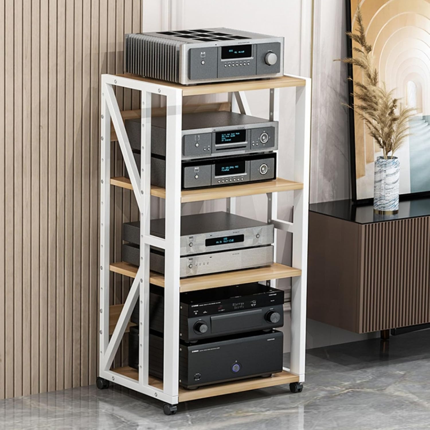 Home/Office/Theater Furniture 4-Tiers Media Compontent TV Stand Audio Video Tower with Height Adjustable Wooden Shelf for Stereo