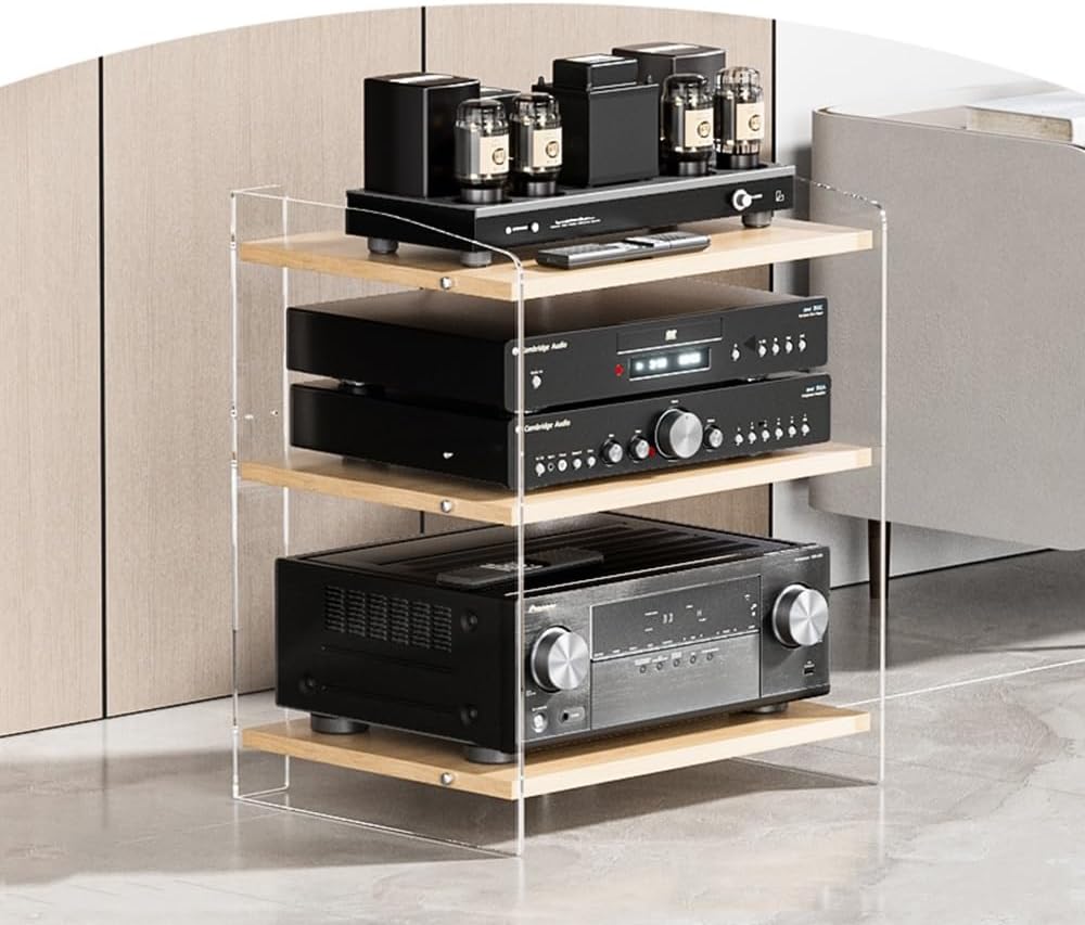 KGPGNYMYHA 3 4-Tier Media Storage Shelves Acrylic AV Media Stand With Wooden Shelves