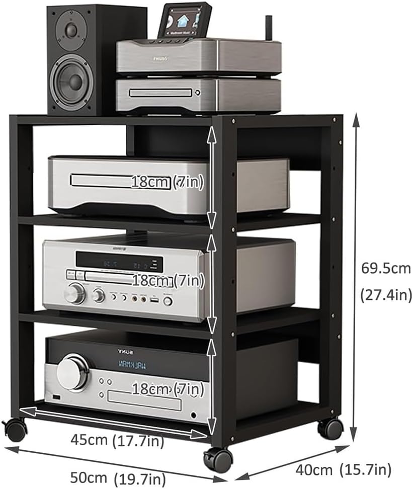 BIUBPW AV Cart Rolling Media Stand 5 Tiers Corner Shelf Audio Rack AV Media Stand CD Player Stand Entertainment Stereo Component Storage Cabinet(4 Tier-50x40x69.5cm)