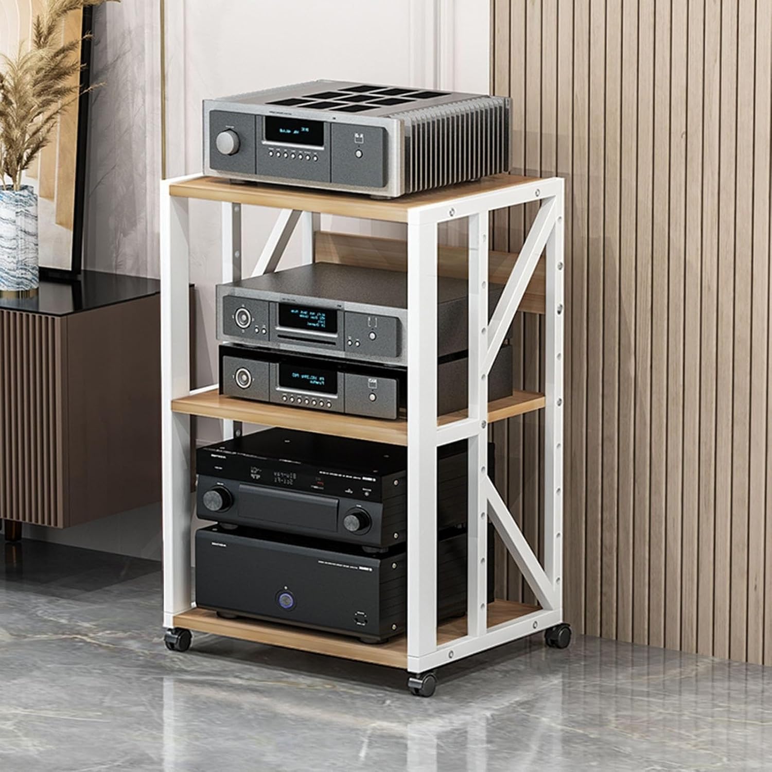 3/4/5-Tier Movable AV Media Stand Corner Shelf CD Player Stand Stereo Component Storage Cabinet Audio Rack Tower with Height Adjustable Wooden Shelves for Home/Office/Theater(Color:White - B