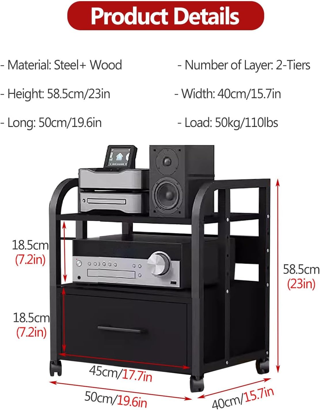 YLLFFLL DVD Storage Cabinets with Drawers - Large Capacity Audio Video Media Stand Cabinet with Height Adjustable - Rack Audio Tower for Entertainment & Movie Viewing(2-Tiers)