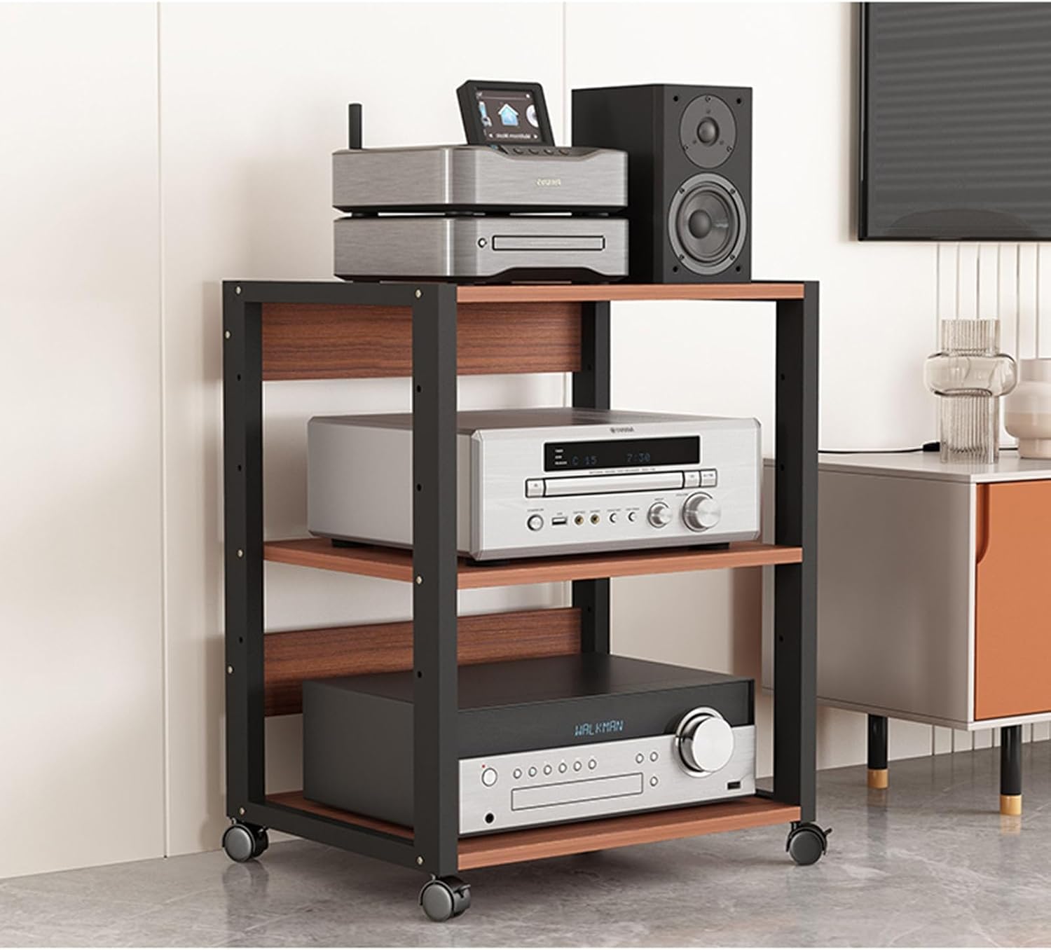 3-Tier Metal Steel Frame Amplifier Rack Media Stand Wooden Corner Shelf Home Theatre Mobile Audio/Video Component Stereo Storage Rack CD Cabinet