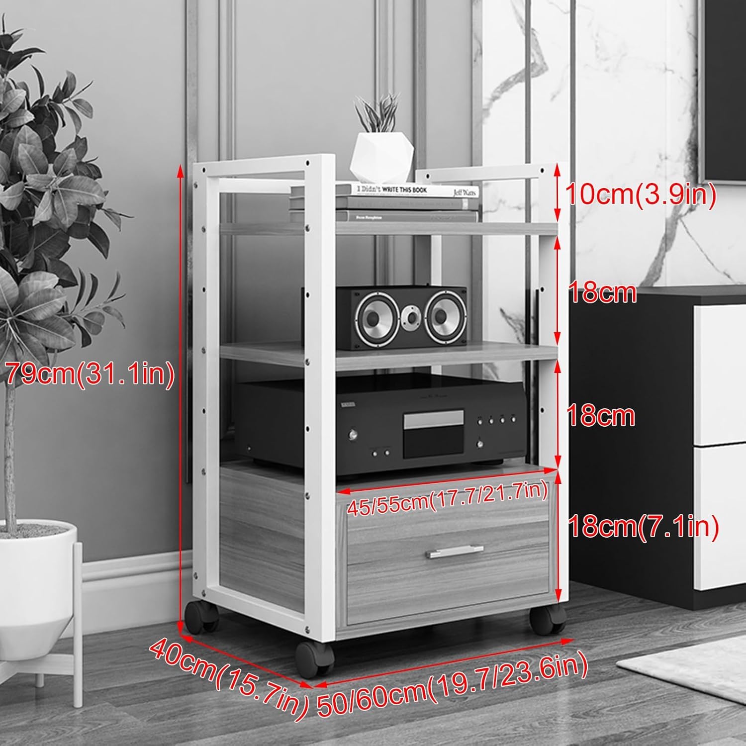 3/4/5-Tier Audio Rack CD Media Player Stand Audio/Video Component Cabinet Floor-Standing Movable Storage Shelf with Wheels and Drawers for Home/Office/Theater