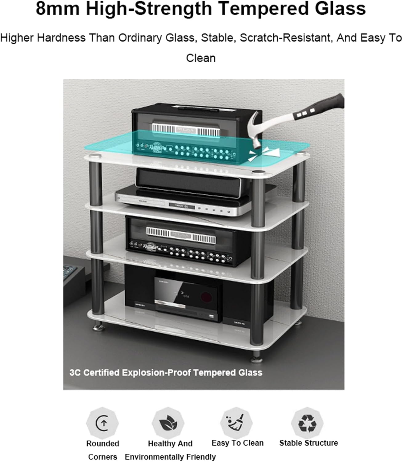 XMFBSY Medios Tempered Glass AV Component Media Stand Heavy Duty Stereo Cabinet Modern Entertainment Video Game Equipment Console Shelf for DVD Player Organizer(3 Tier)