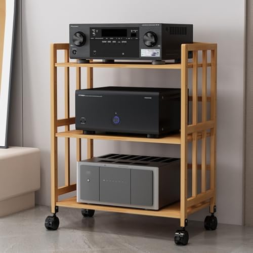 USZWBY Media Stereo Cabinet Stand2/3 Tier Av Media Stand Entertainment Wooden Stereo Shelf Tower HiFi Rack Component Cabinet Corner Cd Record Player Holder S(Natural-50X38X88Cm)