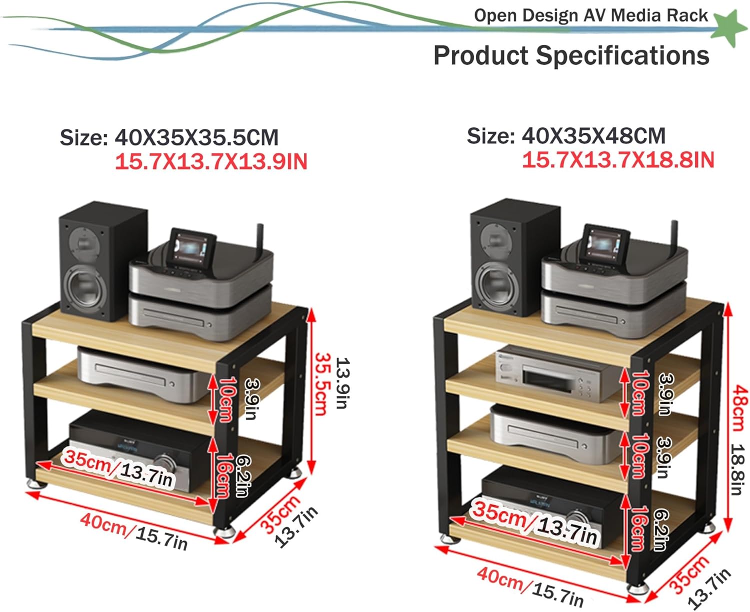 UYCVT Av Media Stand - 3-Tier Wooden Corner Console Audio-Video Shelving Stereo Rack & Game Storage Tower Cd Player Organizer Home Office End Table-Black+teak-40X35X48CM