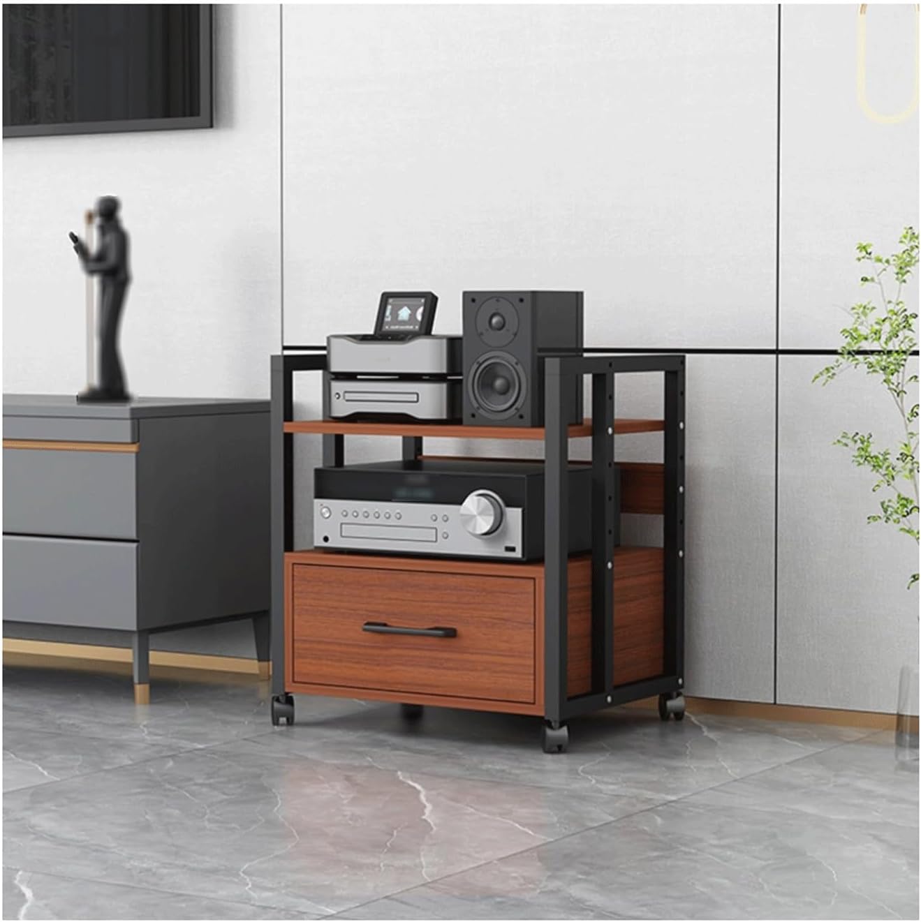 XMFBSY Medios 2/3/4 Tier Stereo Stand with Wheels & Drawer Movable AV Media Stand Adjustable Entertainment Video Game Equipment Console Shelf for Home Office Theater Organizer(Rojo