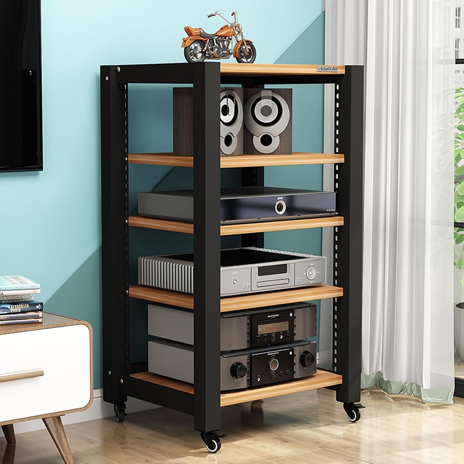 Media Stand 5-Tier Movable AV Media Stand Hi-Fi Rack Stereo Component Cabinet CD Player Stand Audio Tower with Height Adjustable Wooden Shelf for Home/Office/Theater
