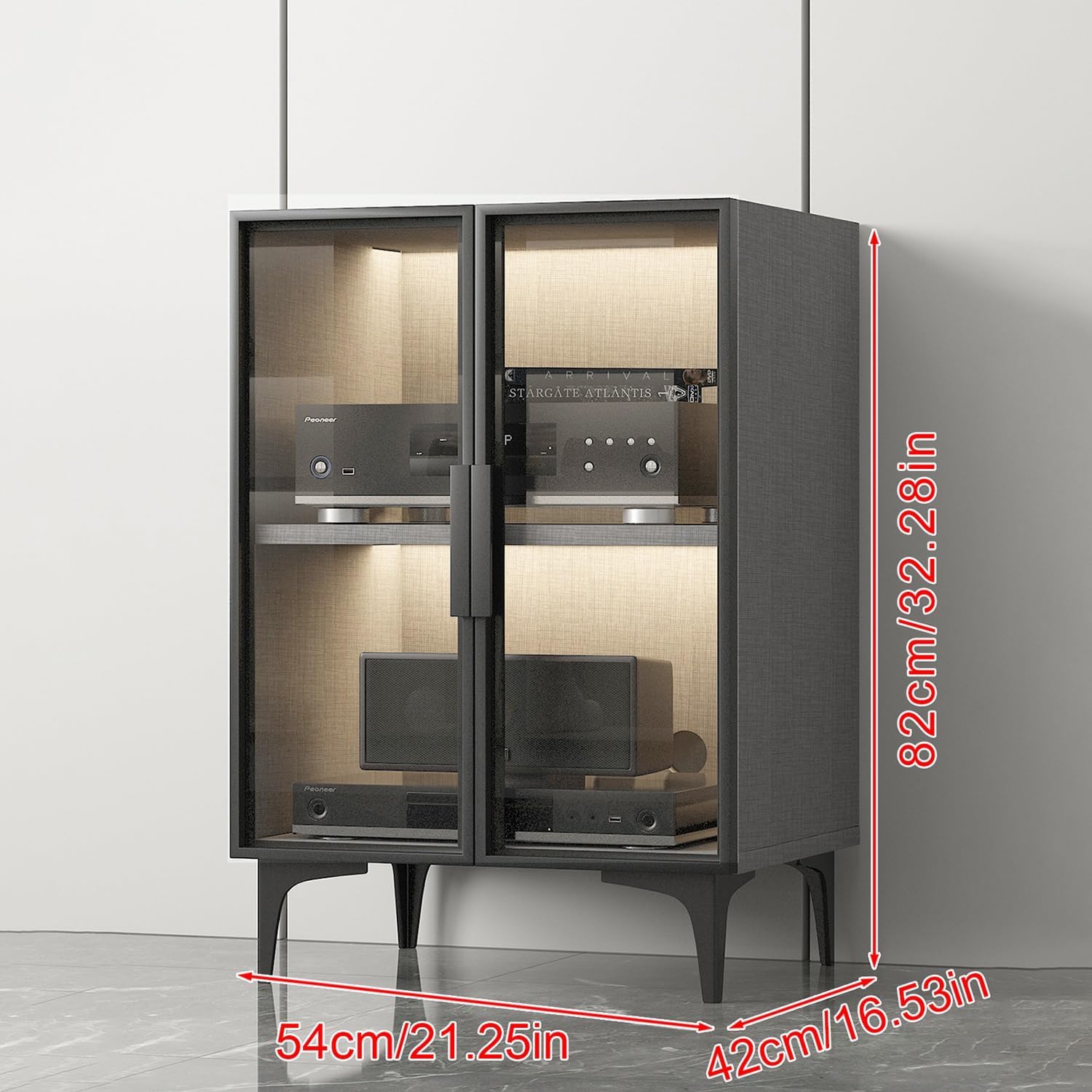 AV Cabinet 2/3 Tier Modern Stereo Rack System Cabinet Media Storage Cabinet AV Cabinet with Glass Doors Media Console without LED light for Gaming Meeting Living Recording Room.(Black