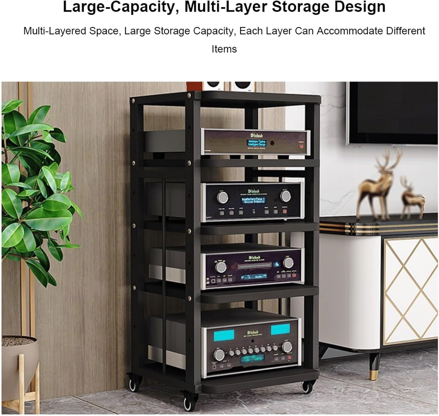 XMFBSY Medios AV Media Stand with Wheels Adjustable Entertainment Video Game Equipment Console Shelves Movable Record Player DVD CD Audio Rack Tower for Home Organizer(Rojo