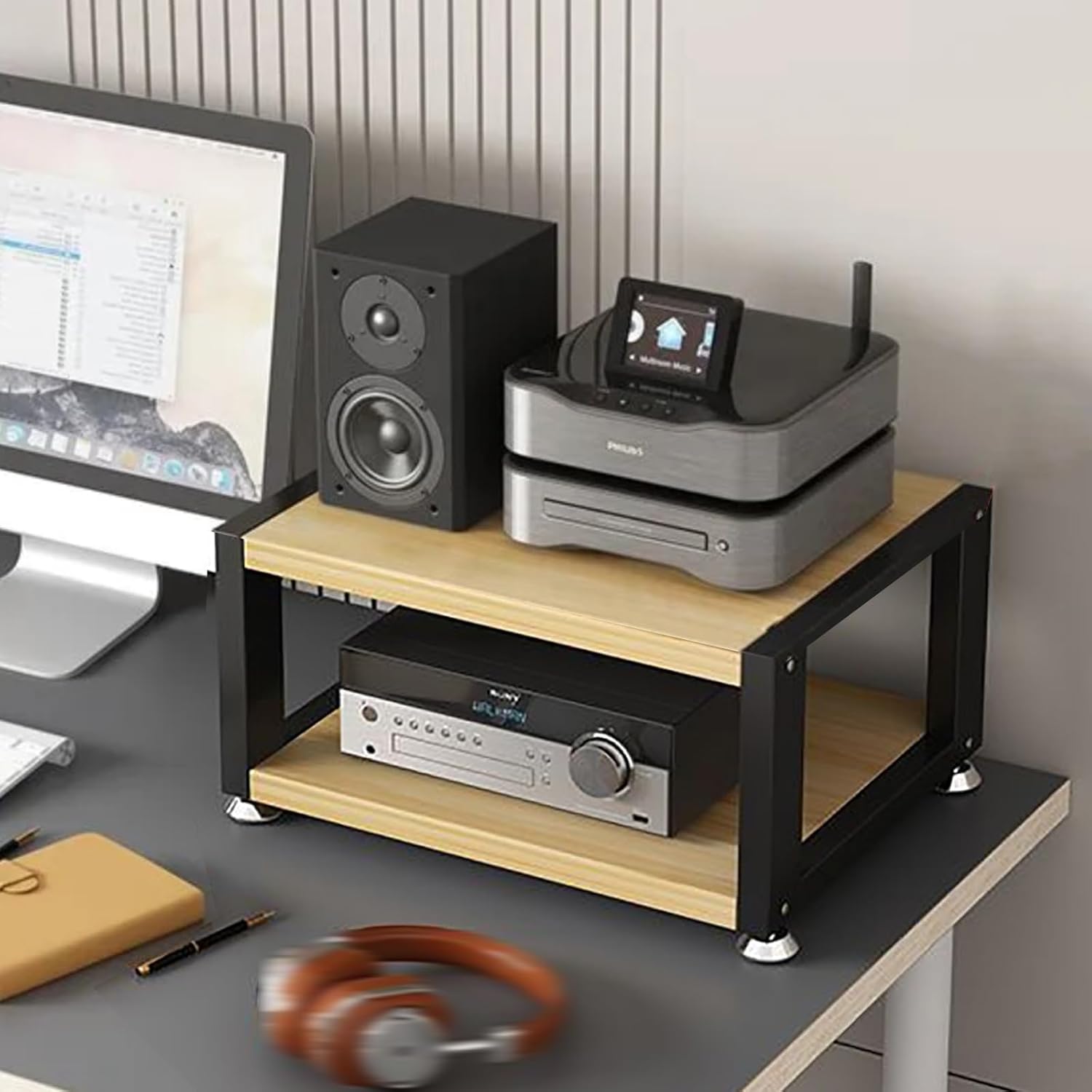 WBRSybUS Movable AV Media Stand with Wooden Shelf Portable Desktop Stereo Rack for Video