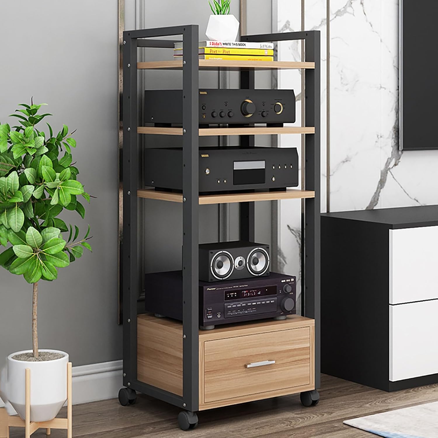 WUHUQN Media Stand 60cm Long Multi-Tier Audio Rack with Drawer Amplifier Stand HiFi AV Cabinet Mobile Kickstand CD Rack Media Storage Shelf