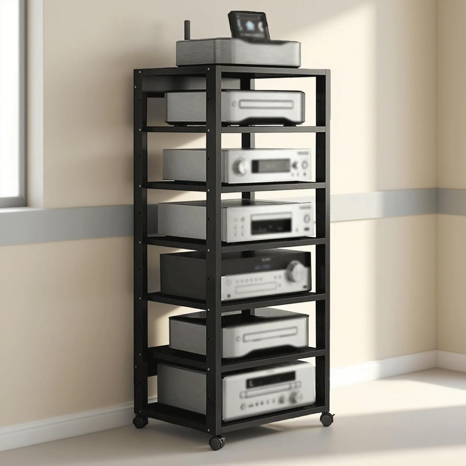 7-Tier AV Media Stand with Wheels Adjustable Height Wooden Shelves Stereo Component Cabinet Storage Rack Audio Rack Tower for DVD Players Game Console TV Box(Black)