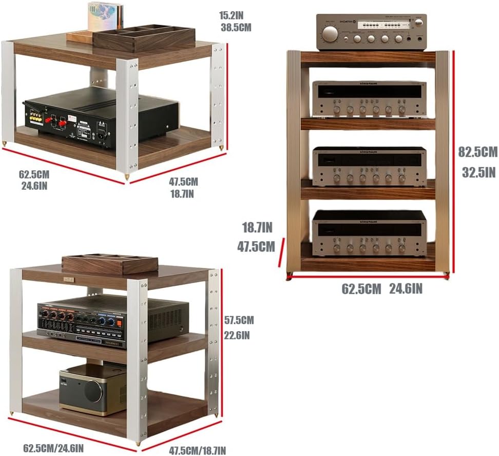 KGPGNYMYHA Aluminum Stereo Cabinet AV Media Stand Walnut Solid Wood Rack Audio Tower Audio Video Components Cabinet With Shock Spikes For Home Office(Natural