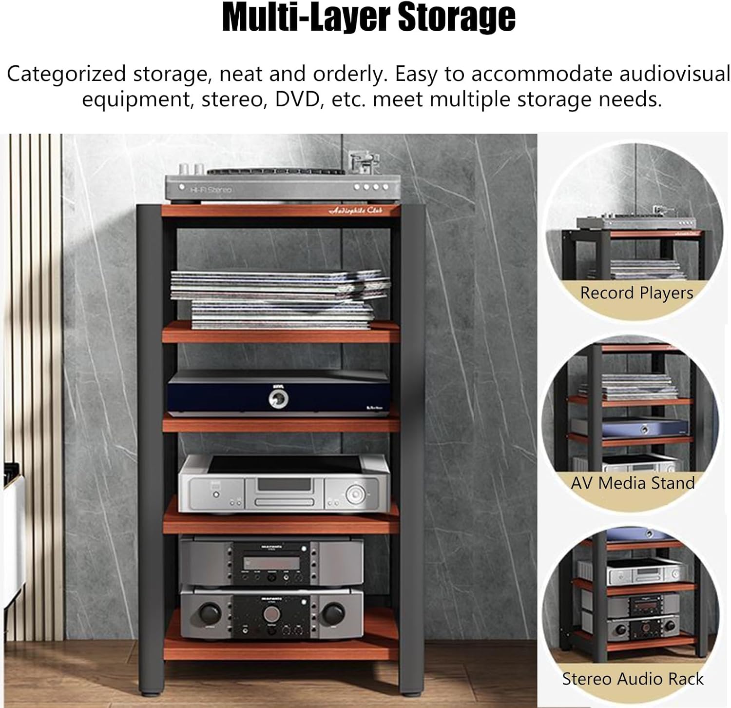 RENLXFI Modern Audio-Video Media Stand with 2 3 4 5 Height-Adjustable Shelves