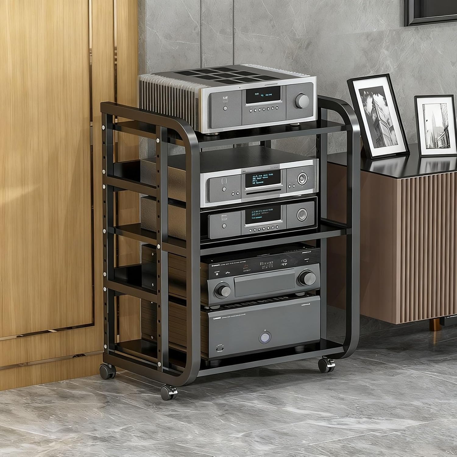 Adjustable 3 Tier Rolling Media Storage Rack - Heavy Duty CD/DVD Stand with Wheels