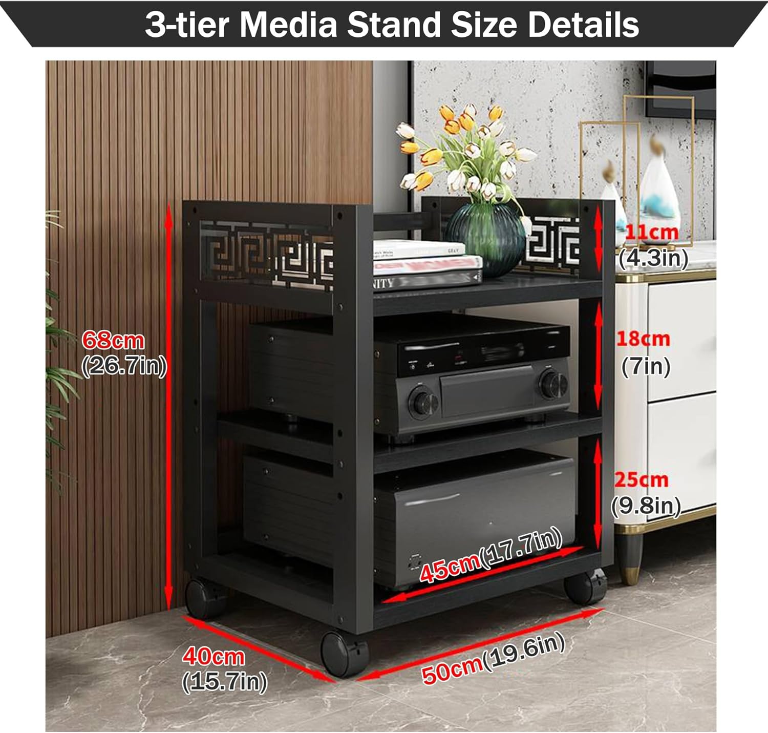 3-Tier AV Media Stand Movable Audio-video Shelving Wooden Cabinet Corner Shelf Component Stereo Console Router Dvd Holder Stand Media Center Audio Tower Record Player Stands for Living Rec Room(Teak)