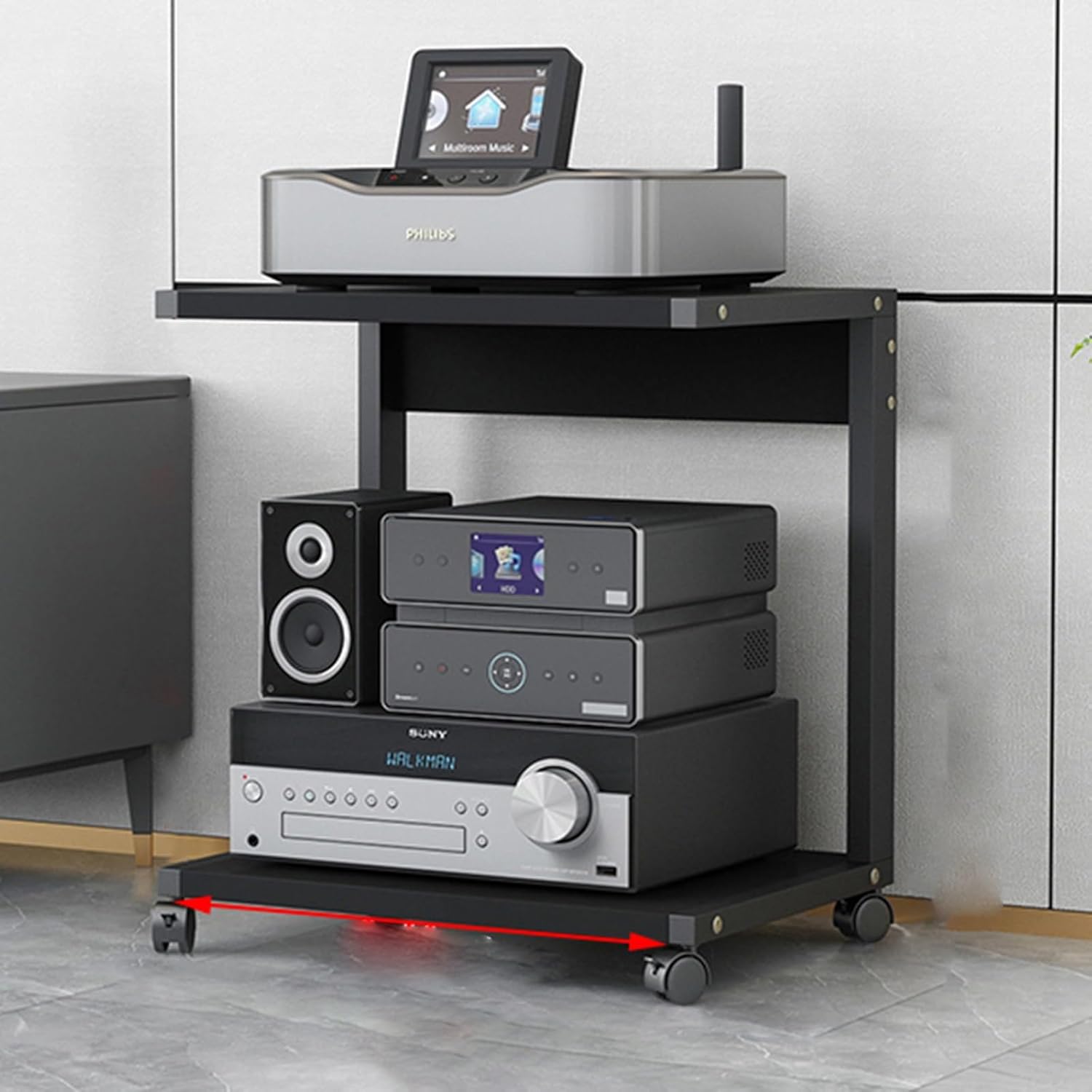 Modern with Wheels Audio-Video Media Stand 2-Tier AV Media Stand Corner Shelf Media Console Cabinet with Height Adjustable Wooden Shelves Stereo Racks and Stands with Storage Shelves(Deep black