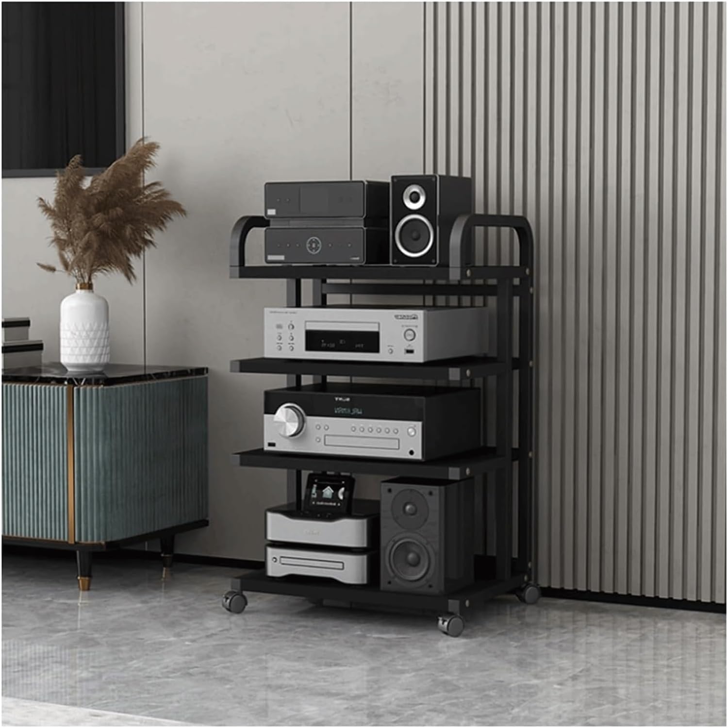 PZEOB AV Media Stand Carbon Steel + E1 Grade Plate Audio Rack Stand with Wheels Stereo Component Stand Audio-Video Shelving Stereo Rack(Black