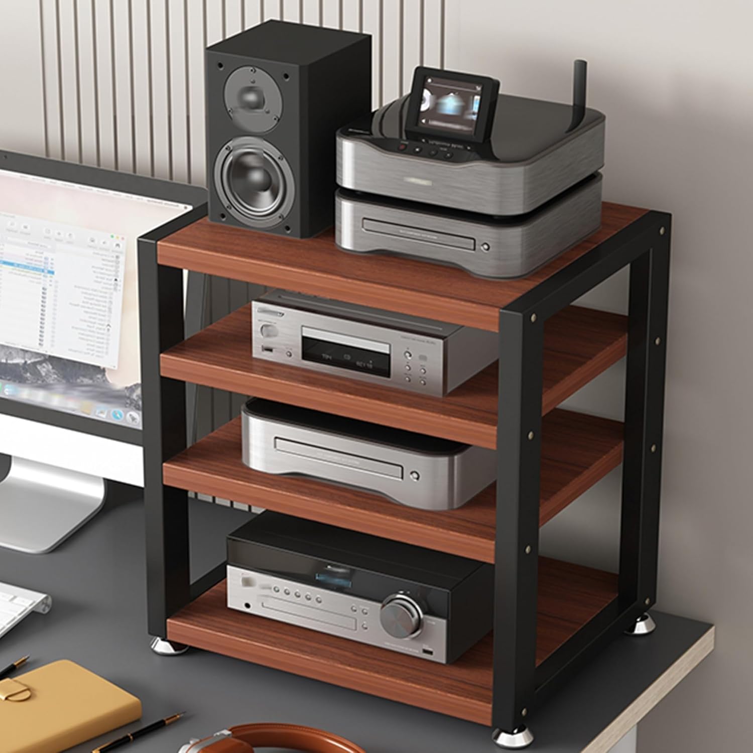 UYCVT Av Media Stand - 3-Tier Wooden Corner Console Audio-Video Shelving Stereo Rack & Game Storage Tower Cd Player Organizer Home Office End Table-Black+teak-40X35X48CM