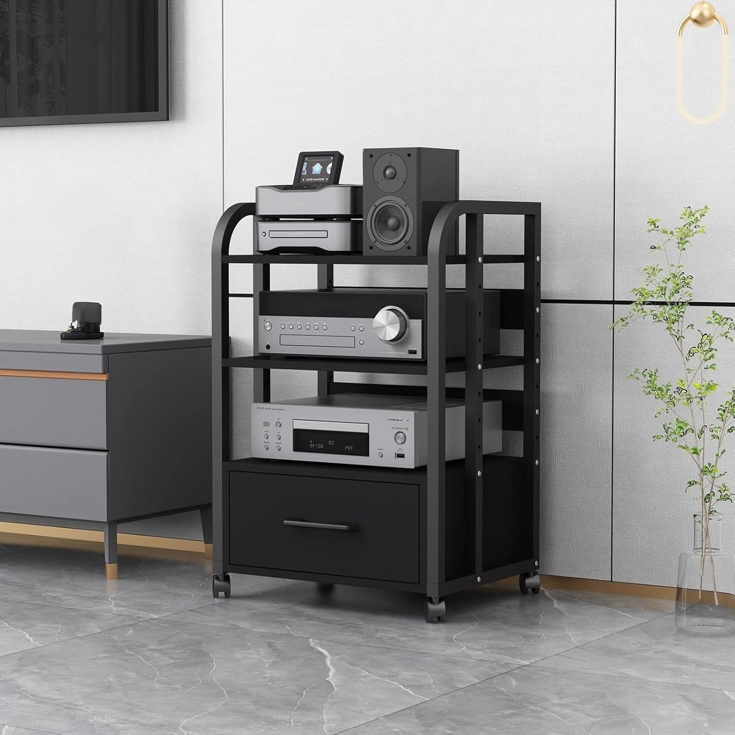 3-Tier Movable Media Stand with Drawer & Wheels