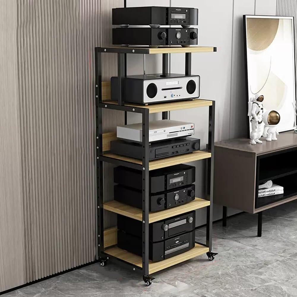 NILZA Multi-Tier Audio Tower With Adjustable Shelves AV Cabinet Mobile Audio Stand Stereo Audio Rack Stand Tower Floor-Standing CD Rack For DVD Players/Game Console/TV Box(Black+Walnut