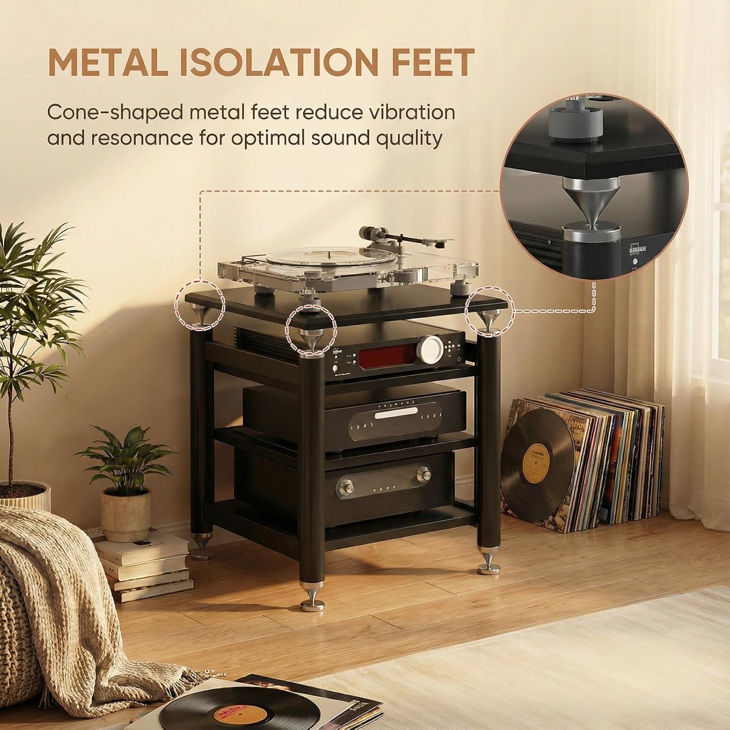 DKPLOE Av Media Stand Audio-Video Shelving Stereo Racks and Stands with Storage Shelves with Adjustable Shelves Features Shock-Absorbing Feet Suitable for Media Players(Black+Black