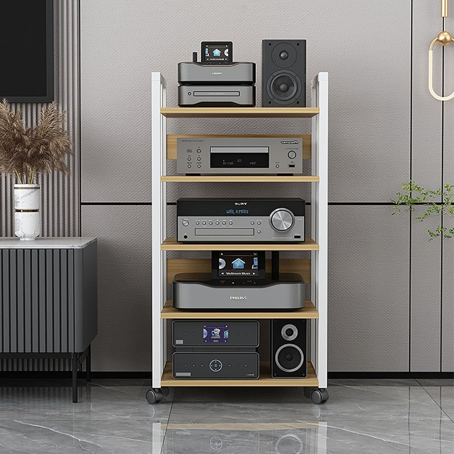 DONGYUE 5 Tier Furniture Media Stand DVD CD Player Stand Audio Rack Power Amplifier Equipment Cabinet with Height Adjustable Wooden Shelf for Living