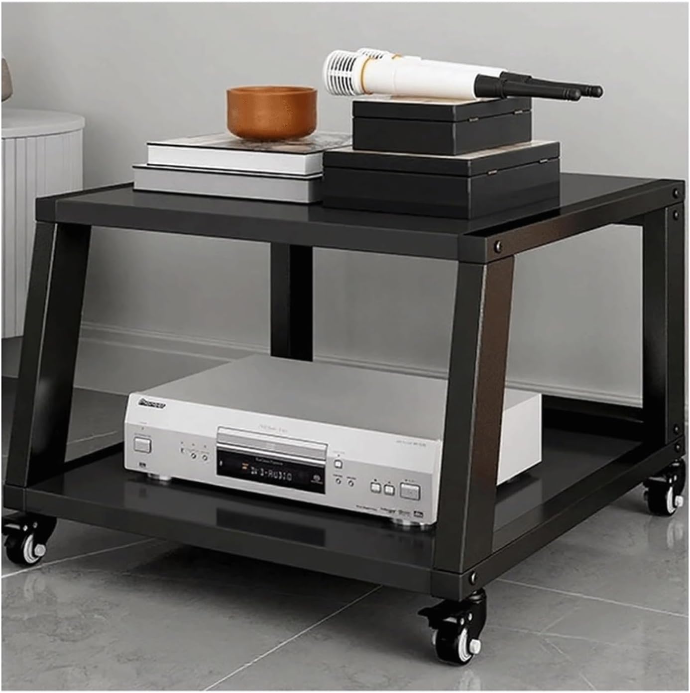 XMFBSY Medios AV Media Stand with Wheels Trapezoidal Game Console Shelf Rolling Home Stereo System Entertainment Components Cabinet for Record Player Organizer(Black