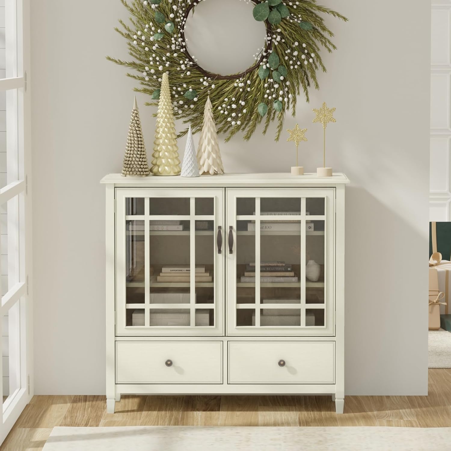 SIMPLIHOME Connaught Storage Cabinet - 46 inch Wide Solid Wood Tall Cabinet in Antique White