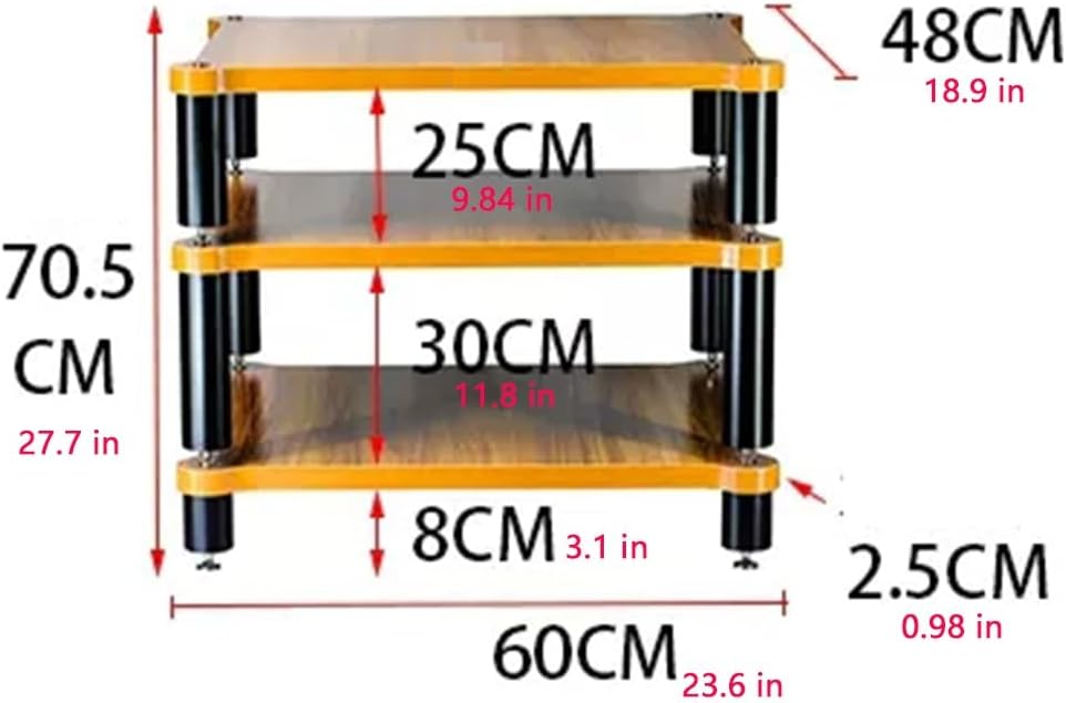 NILZA Solid Wood Audio Rack Stereo Component Cabinet 3 Tier Audio Tower Audio Video Media Stand Shockproof Audio Cabinet Shelf For DVD Players TV Box Cable Box WiFi Router(60x48x70.5cm/23.6x18.9x27.7)
