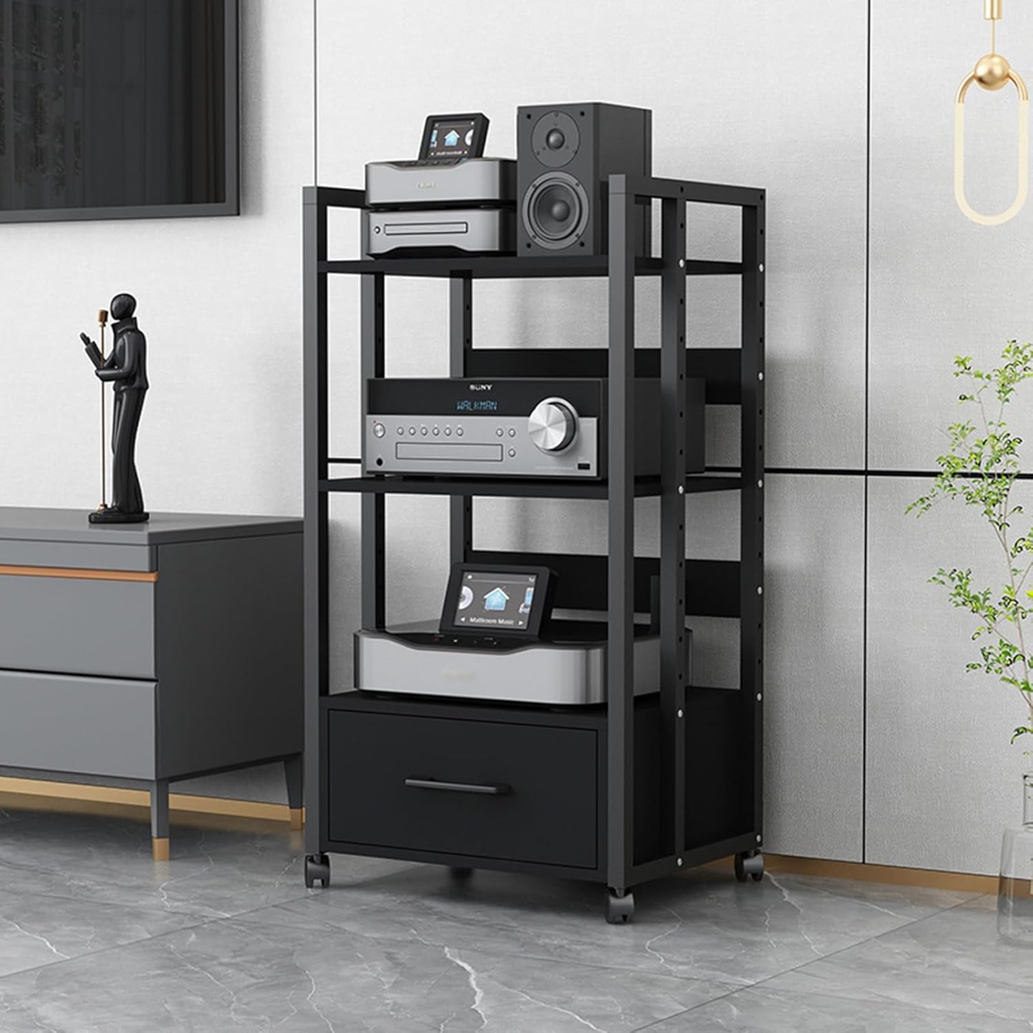 UYCVT Movable Media Stand 2/3/4-Tier Movable Audio Rack Av Media Stand Cd Player Stereo Component Storage Cabinet Corner Media Center and Drawer-B-2-3 Tier-50x40x100cm