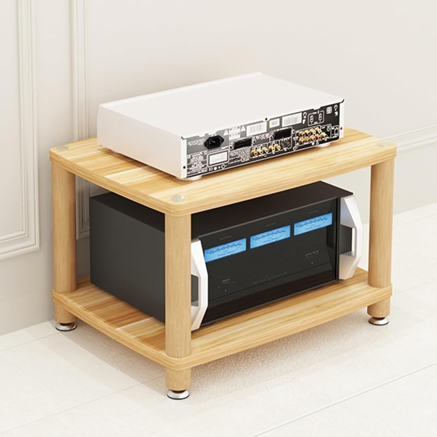 Wooden Stereo Cabinet Audio Rack - 2/3/4 Tier AV Media Tower Stand for Video Game Consoles & DVD Players - Corner Entertainment Center Shelving for Living Room - HiFi Record Player Holder