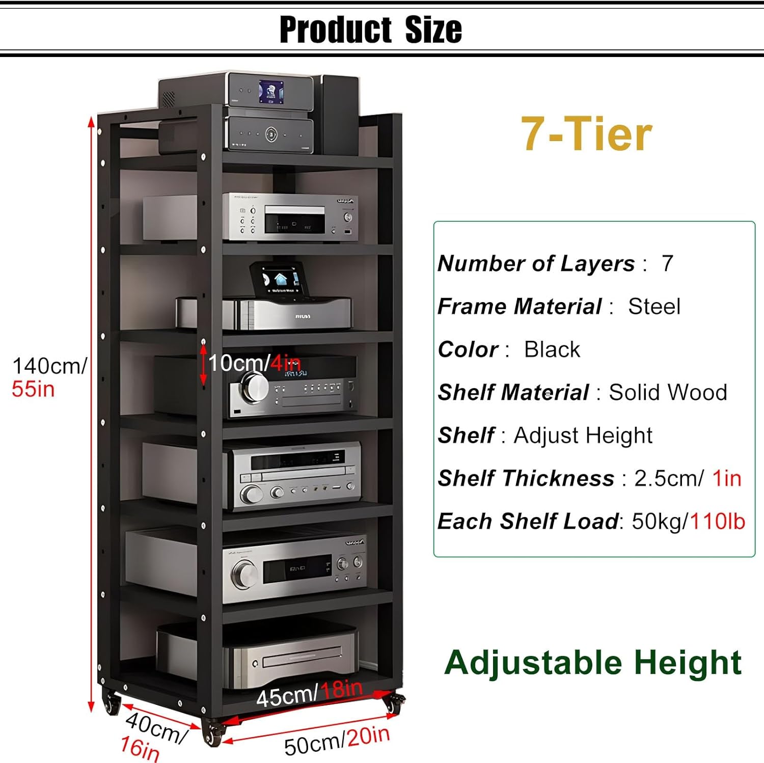 SRNSAEB 4/5/6/7 -Tier Movable AV Media Stand CD Player Stand Stereo Component Cabinet with Height Adjustable Wooden Shelf for Home/Office/Theater