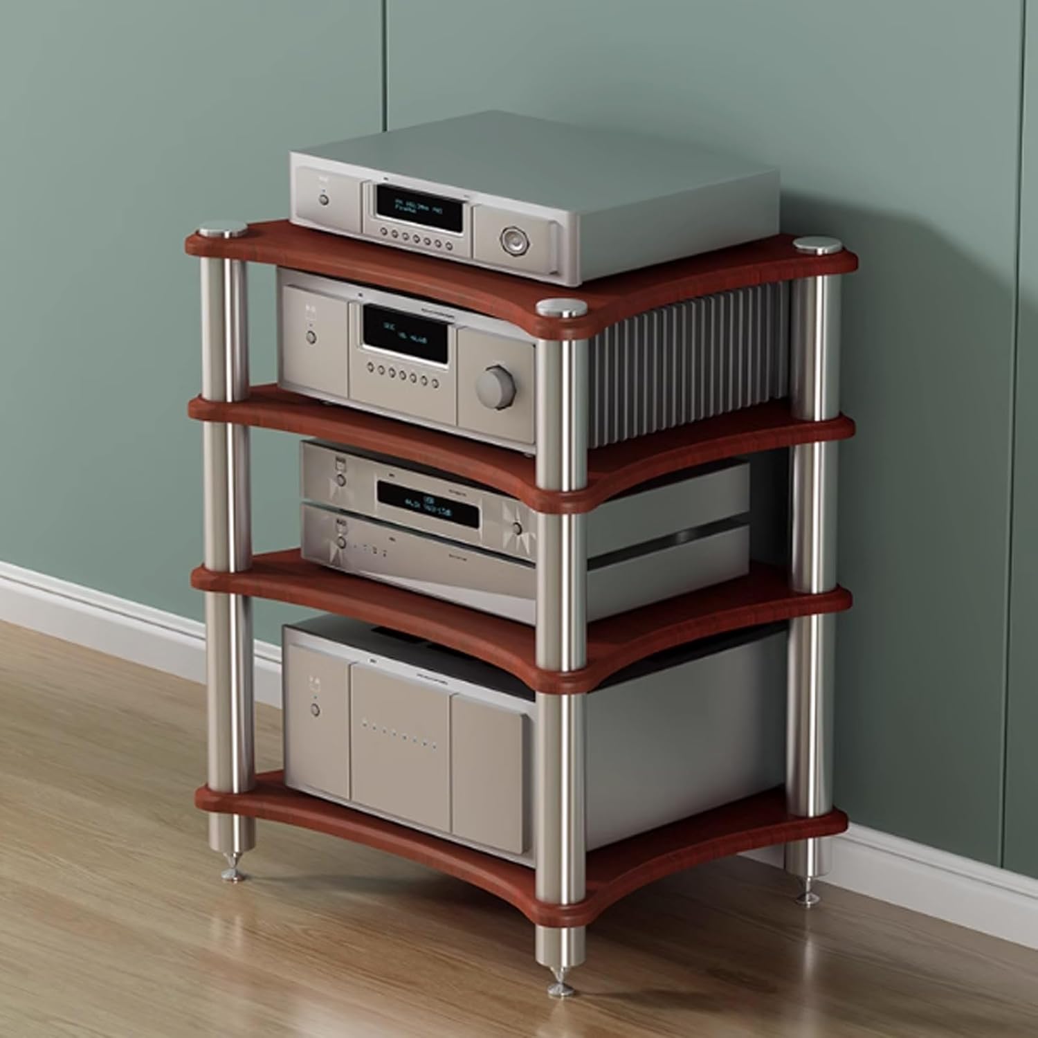 1 2 3 4 Tier Audio-Video Media Stand Component Cabinet Corner Shelf Wooden Stereo Cabinet Audio Rack Stereo Rack Audio Tower AV Media Shelf Storage Cabinet for Living Gaming Recording Room(Teak color