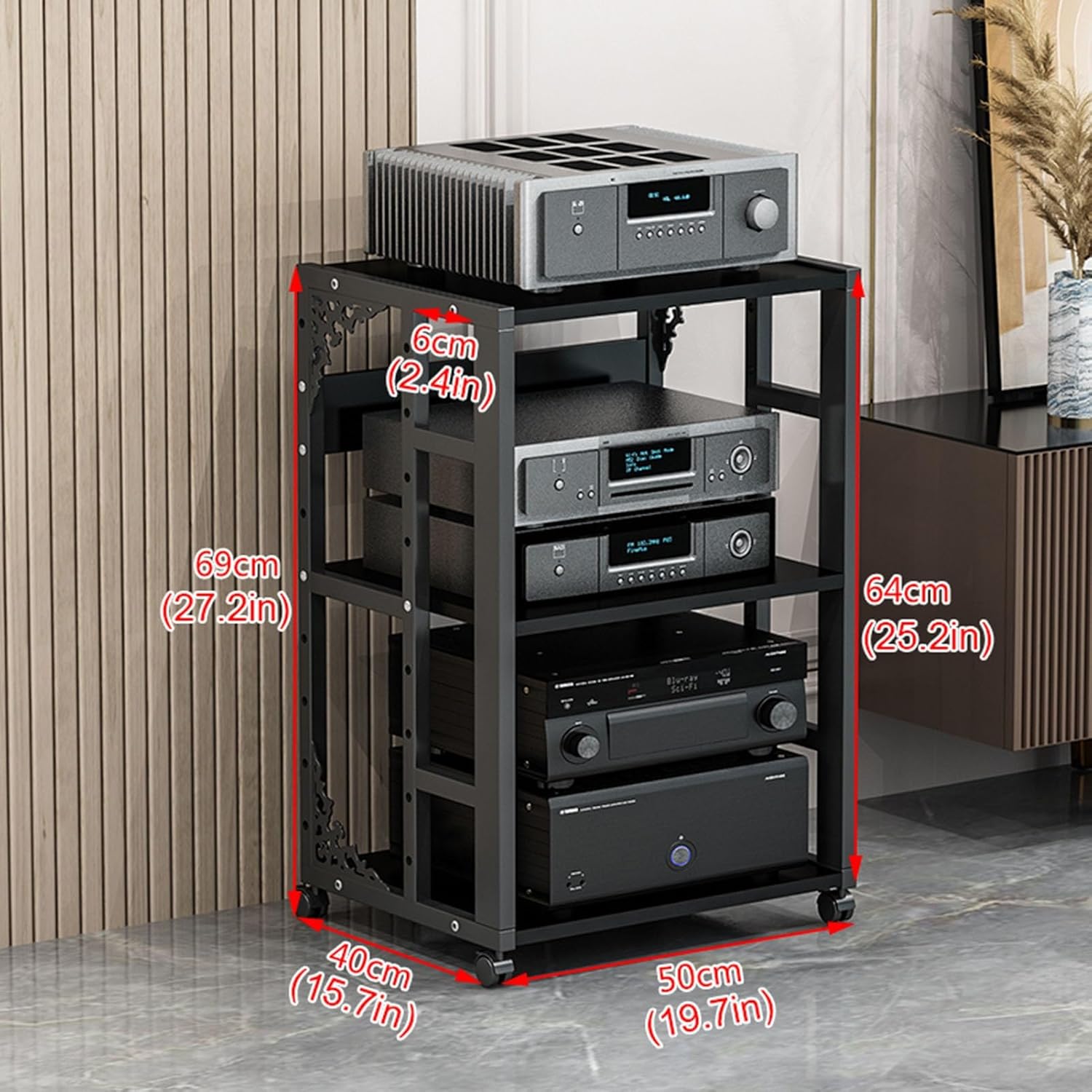 Black/White Multifunction 3/4/5 Tier Movable Storage Cart DVD CD Player Stand Amplifier Rack Audio Video Component Media Stand with Wooden Board Shelves for Home/Office/Theater ( Color : Black